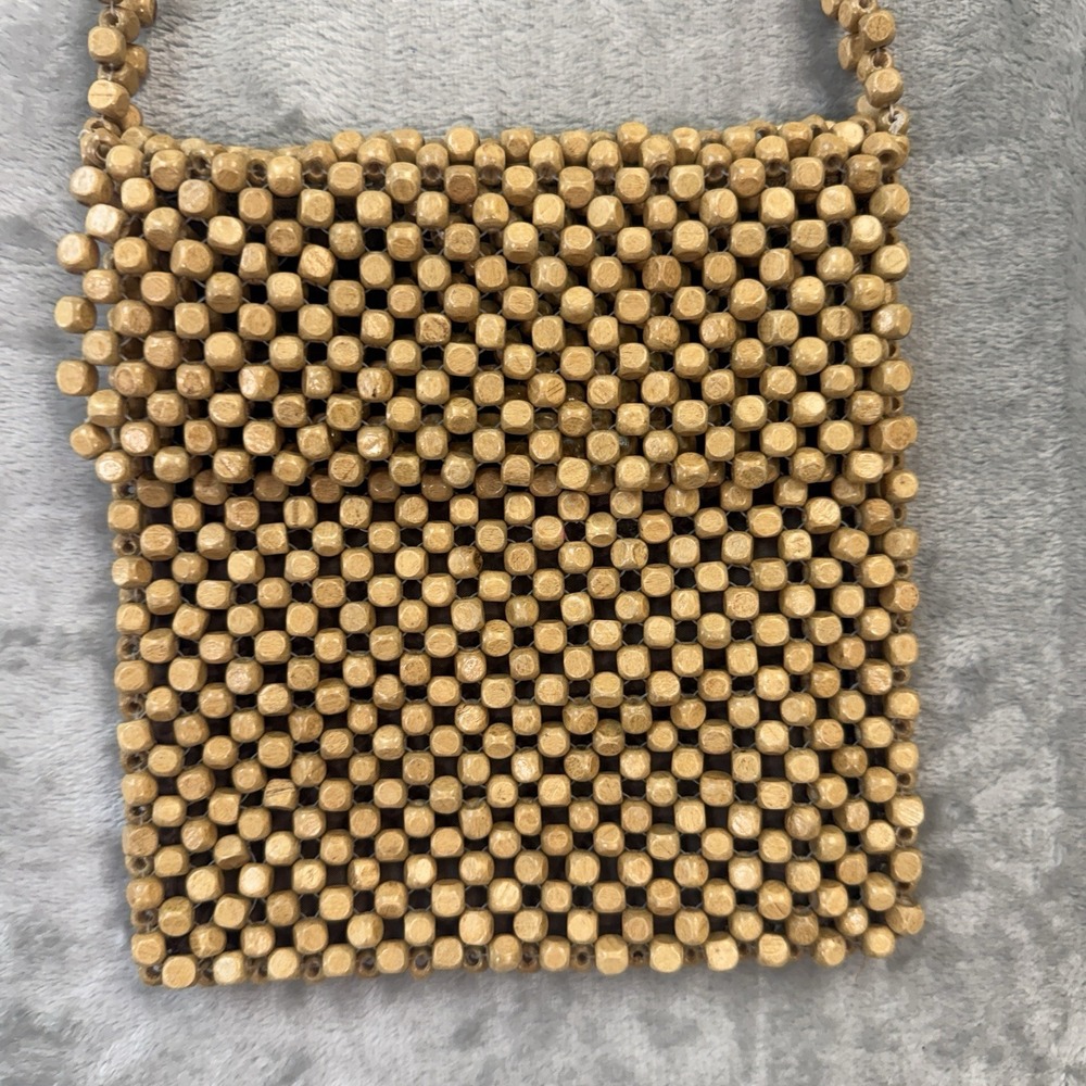 Wood Beaded Purse Handbag Light Brown Cotton Lining Boho Natural